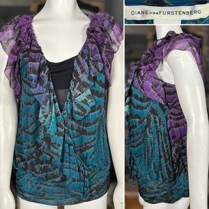 Diane Von Furstenberg Teal & Purple Ruffle Chiffon Top & Cowl Neck Camisole Sz 8